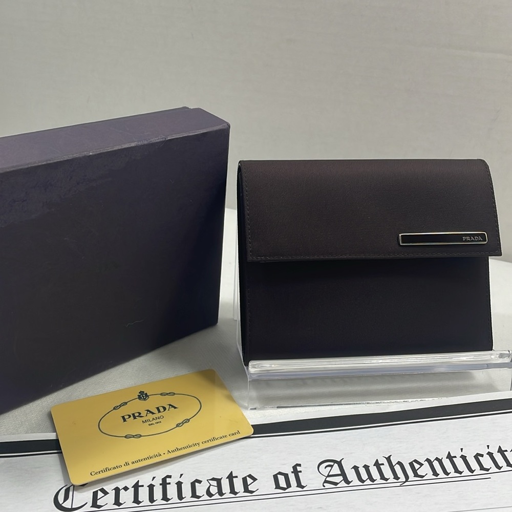 Authentic PRADA brown TESSUTO nylon leather trifold wallet w/ box, cards, & COA